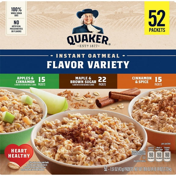 Branded Quaker Instant Oatmeal Variety Pack (14oz. 52 Ct.) - Cholestrol Free
