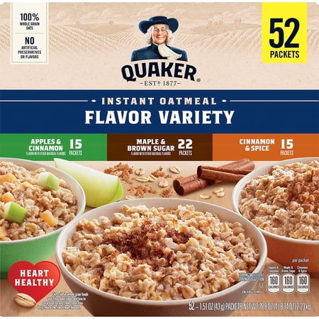 Branded Quaker Instant Oatmeal Variety Pack (14oz. 52 Ct.) - Cholestrol Free