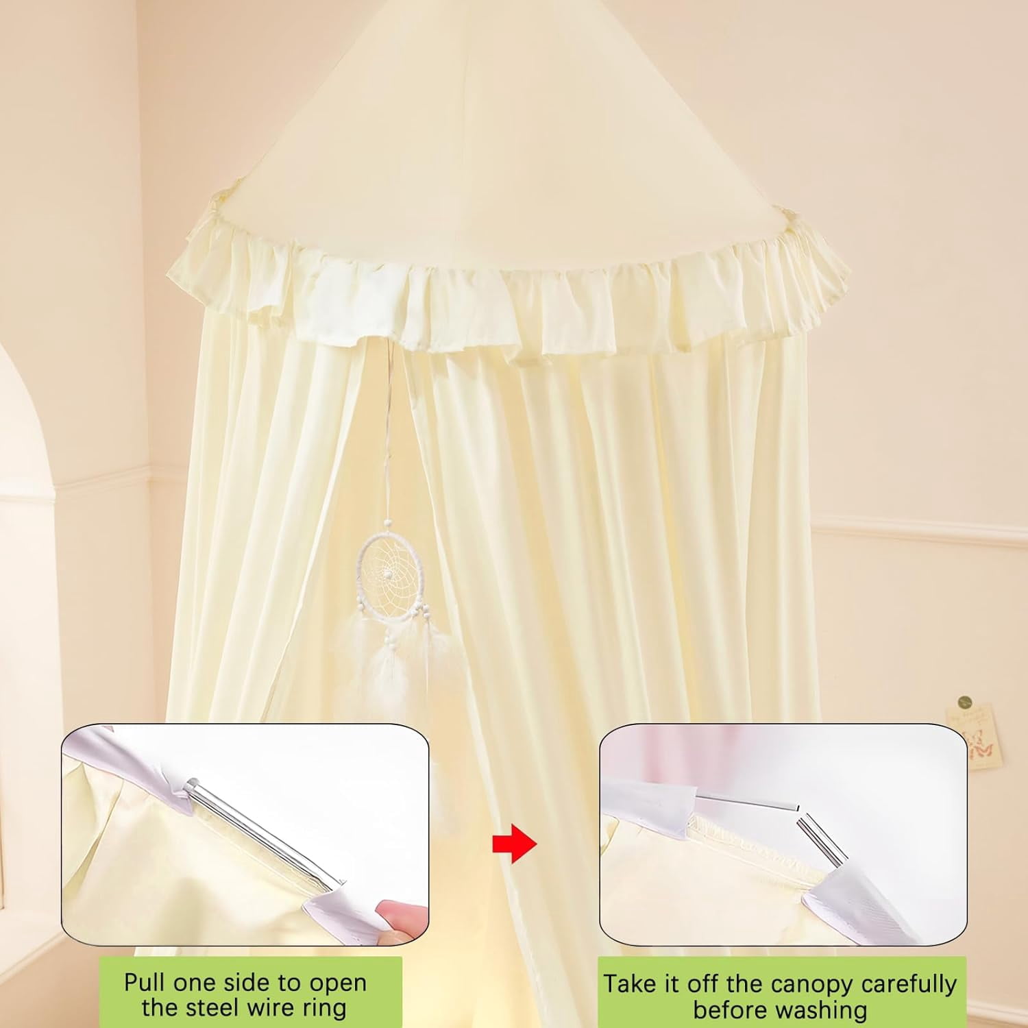 ANHXN Kids Bed Canopy for Crib & Twin Size with Ruffles Dreamcatcher,  Room Decor Toddler Baby Dome Round Hanging Tent Curtains Skirt Over Bed Reading Nook Play