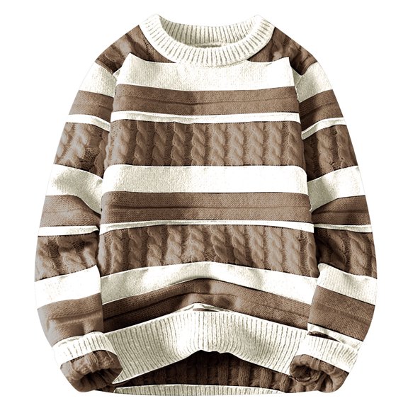 ibuvkizy Fall Sweaters for Men!Men's Knitwear Stripe Splice Round Neck Elastic Pullover Assorted Colors Texture Trend Sweater Coat Coffee,M