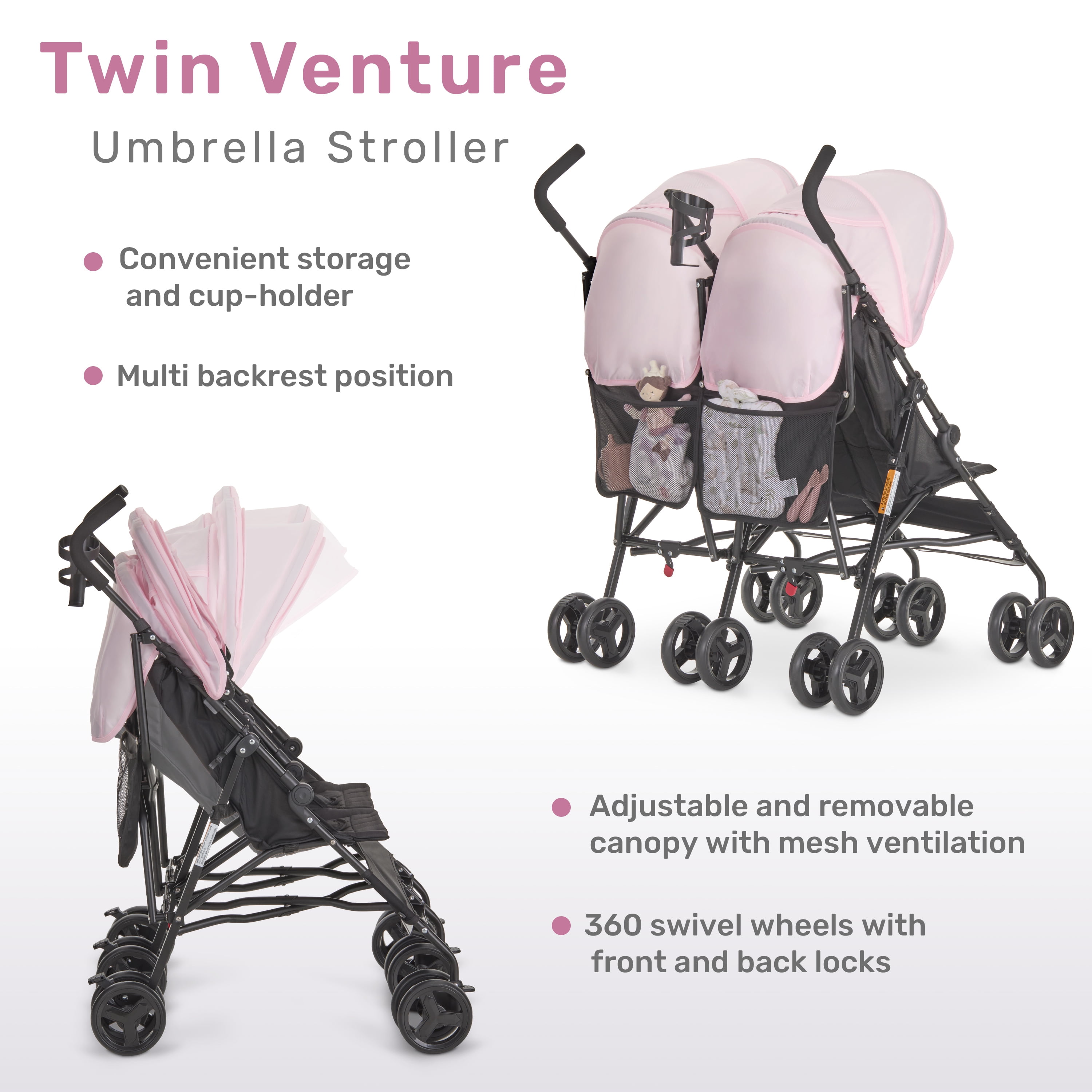 Dream On Me Twin Venture Umbrella Stroller, Pink
