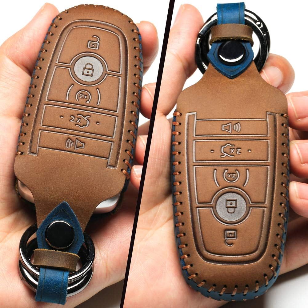 Leather Car Key Fob Cover Fit for Ford F-150 Mustang Remote Keyless Entry Car Smart Key Sleeve 5 Buttons