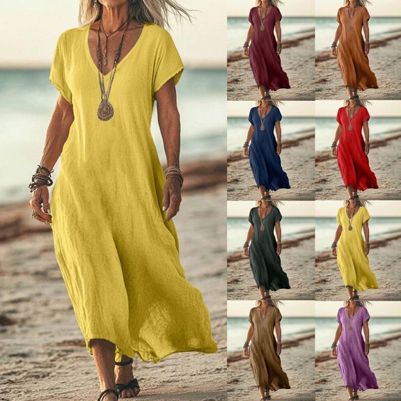 SMihono Linen Dresses for Women 2025 Trendy Casual V Neck Long Maxi Dress Flowy Summer Sundresses Beach Vacation Clothes Coffee XXXXL