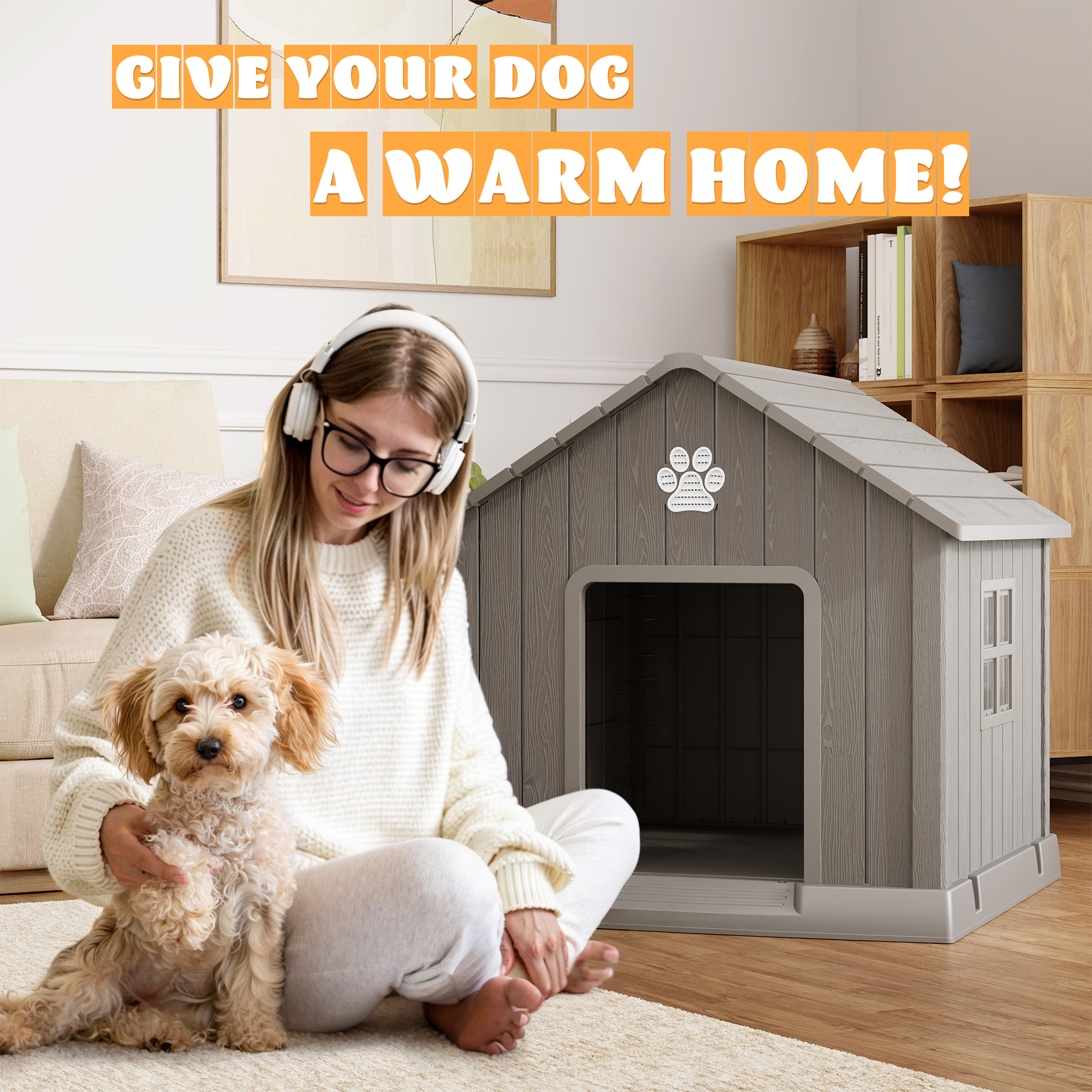 LHBcraft Dog House,Weatherproof Resin Shelter with Air Vents and Elevated Floor for Small-Medium Dogs,Dog kennel for Indoor&Outdoor,Gray,32.3" L x 29.9" W x 32.5" H