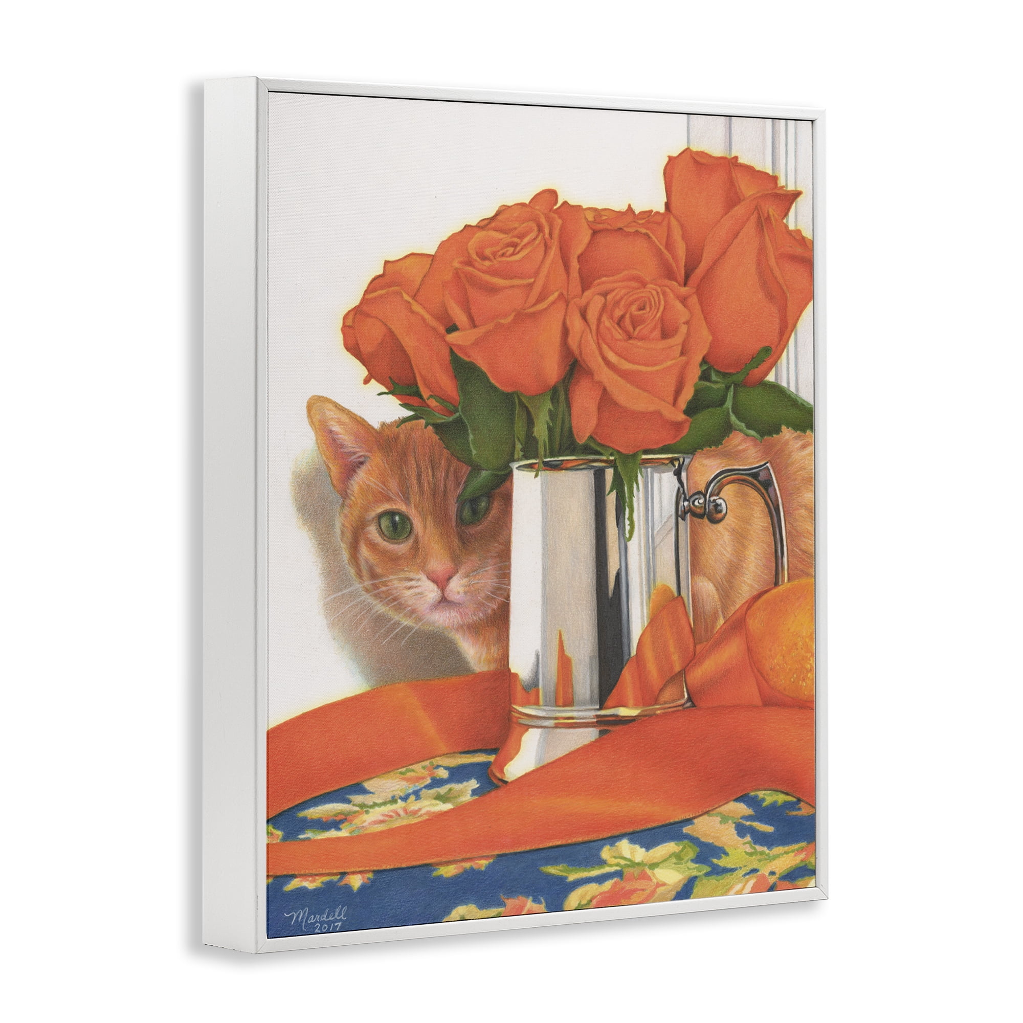 Stupell Industries Cat Peeking Rose Bouquet Animals & Insects Painting White Framed Art Print Wall Art, 11 x 14