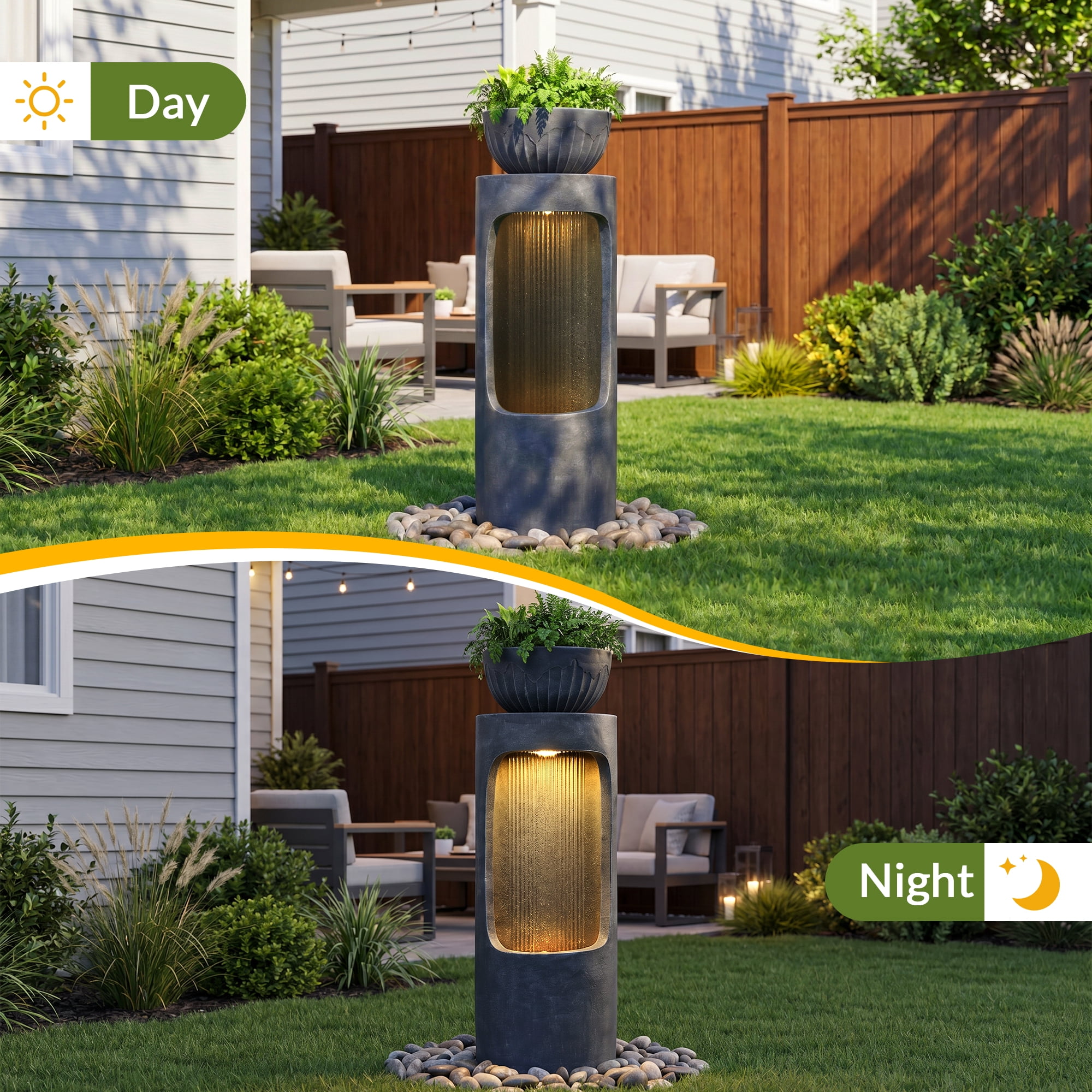 Magic Union 37.2" Outdoor Water Fountain, Cascading Waterfall Fountain with LED Lights & Planter Bowl, Garden Freestanding Resin Fountain for Outside, Water Feature for Patio, Balcony, Yard, Deck