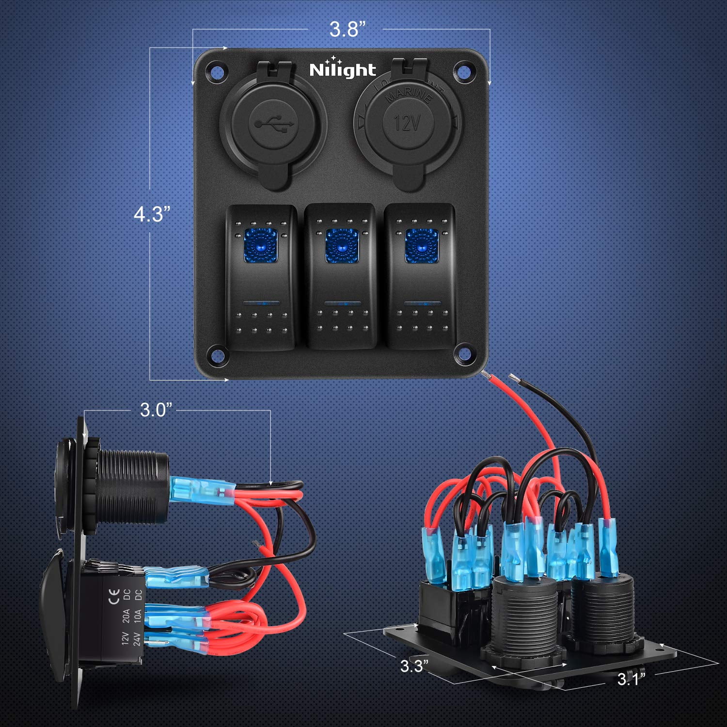 Nilight - 3 Gang Rocker Switch Panel Waterproof Pre-Wired Aluminum Switch Panel with Dual USB Charger Socket & Cigarette Lighter Socket 12V 24VDC ON Off Switch Panel for Cars Rvs Trucks