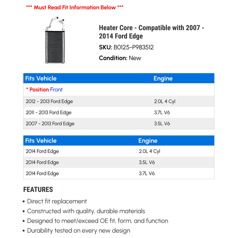 Heater Core Compatible with 2007 2014 Ford Edge 2008 2009 2010