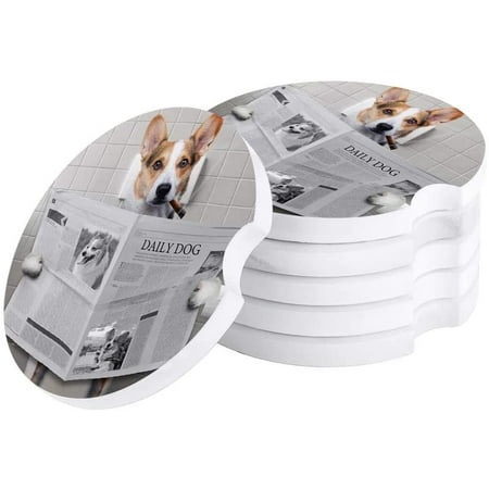 

KXMDXA Corgi Read Newspaper on Toilet Set of 2 Car Coaster for Drinks Absorbent Ceramic Stone Coasters Cup Mat with Cork Base for Home Kitchen Room Coffee Table Bar Decor