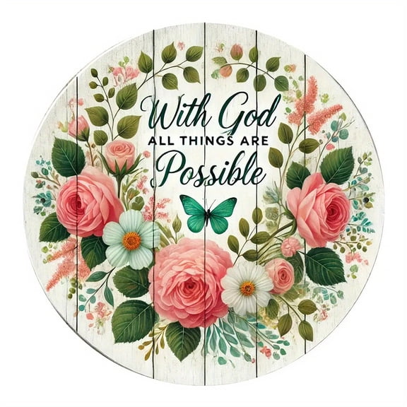 HELLOYOUNG Christian Metal Wall Art 7.87" Round, Pink Flowers Butterfly Decor for Home Front Door Porch, Rustproof Outdoor Sign
