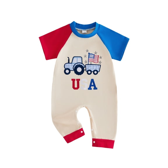 BemeyourBBs Newborn Baby Boy Girl 4th of July Outfit Baby Boys Girls Fourth of July Outfit Patriot Independence Day Clothes Summer Romper Star USA Flag in Tractor Embroidery Short Sleeve Jumpsuit