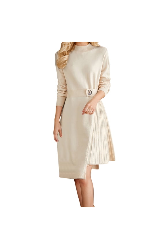Women's Elegant Mock Neck Sweater Dress Long Sleeve Pleated A Line Midi Dress with Button Beige Free Size