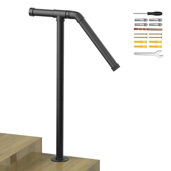 smusei Single Post Outdoor Step Handrail, Black Wrought Iron, Powder Coated, Modern Style, 105cm/47in or 85cm/33in Height, Fits 1-2 Steps,