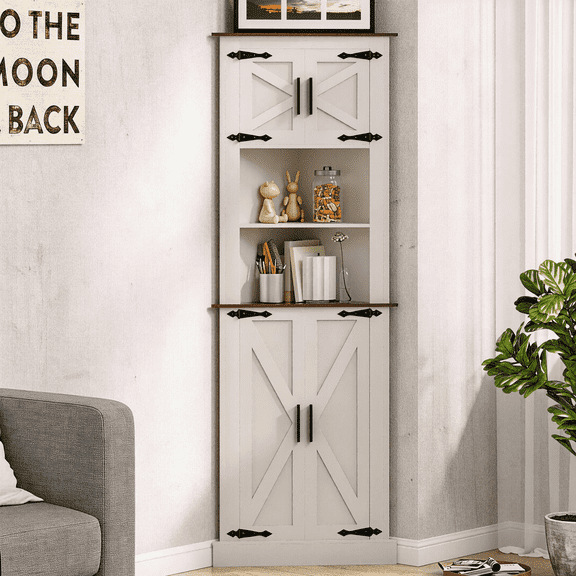 KAMEROUT 67.7'' Tall Corner Cabinet with Barn Door & Adjustable Shelves, Storage Cabinet for Kitchen, Living Room, White
