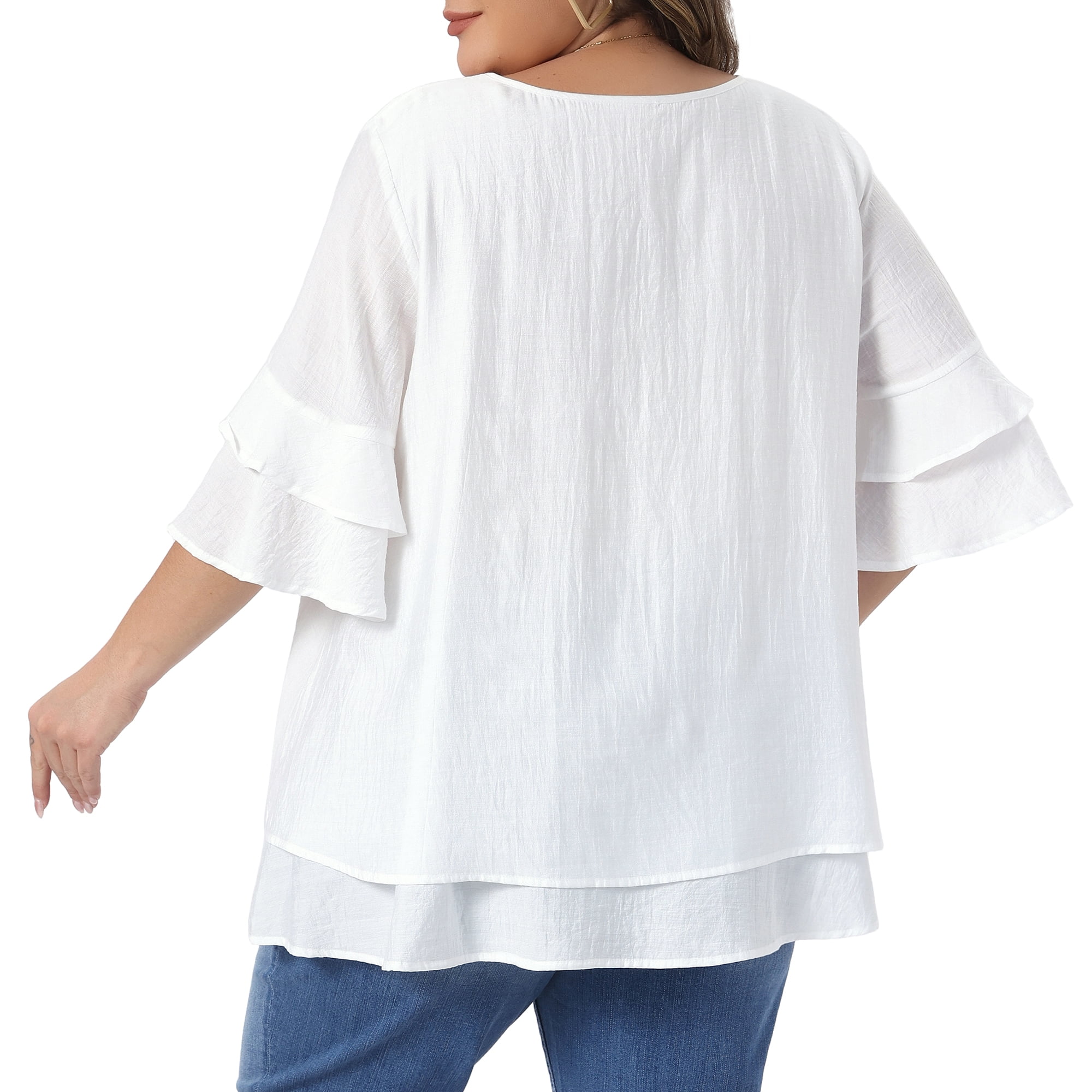 DARING DIVA Women's Plus with Crew Neck and Ruffle Half Tops 4X White