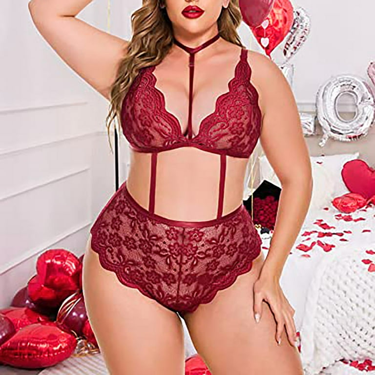 Red Underwear Set for Women Sexy Plus Size Sexy Women Lace Hollow Out  Babydoll Underwear Sleepwear Intimates Lingerie Jumpsuit Bodysuits Pajamas