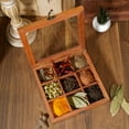 thumbnail image 6 of Ajuny Wooden Spice Box 8x8 Inch - Decorative Masala Dabba Organizer with Glass Lid, 9 Fixed Compartments & Spoon, Spice Storage Container, Ideal for Seasonings & Herbs, 6 of 8