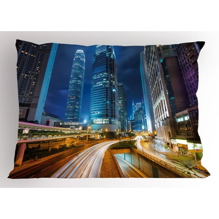 City Pillow Sham Fast Moving Cars at Hong Kong Highways Modern Life Speed Traffic Nighttime in the City, Decorative Standard King Size Printed Pillowcase, 36 X 20 Inches, Multicolor, by