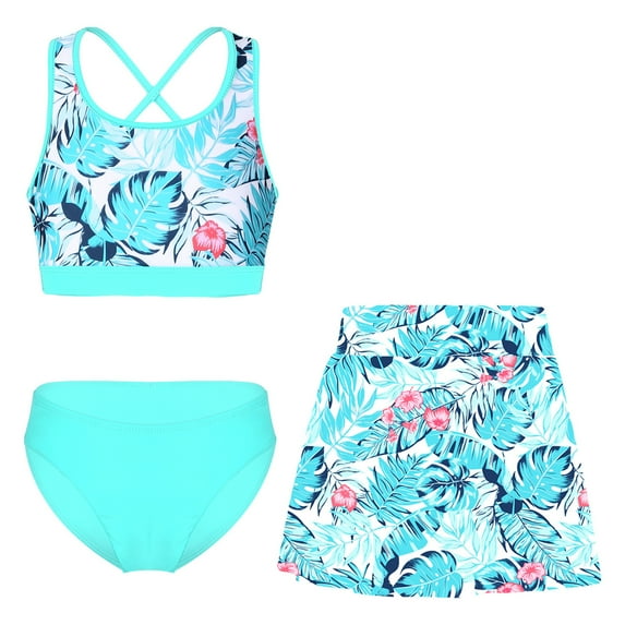 YONGHS Girls Printed Crop Tank Top with Skirts Bottoms 3 Piece Set Rash Guard Swimwear Bathing Suit Light Green 8