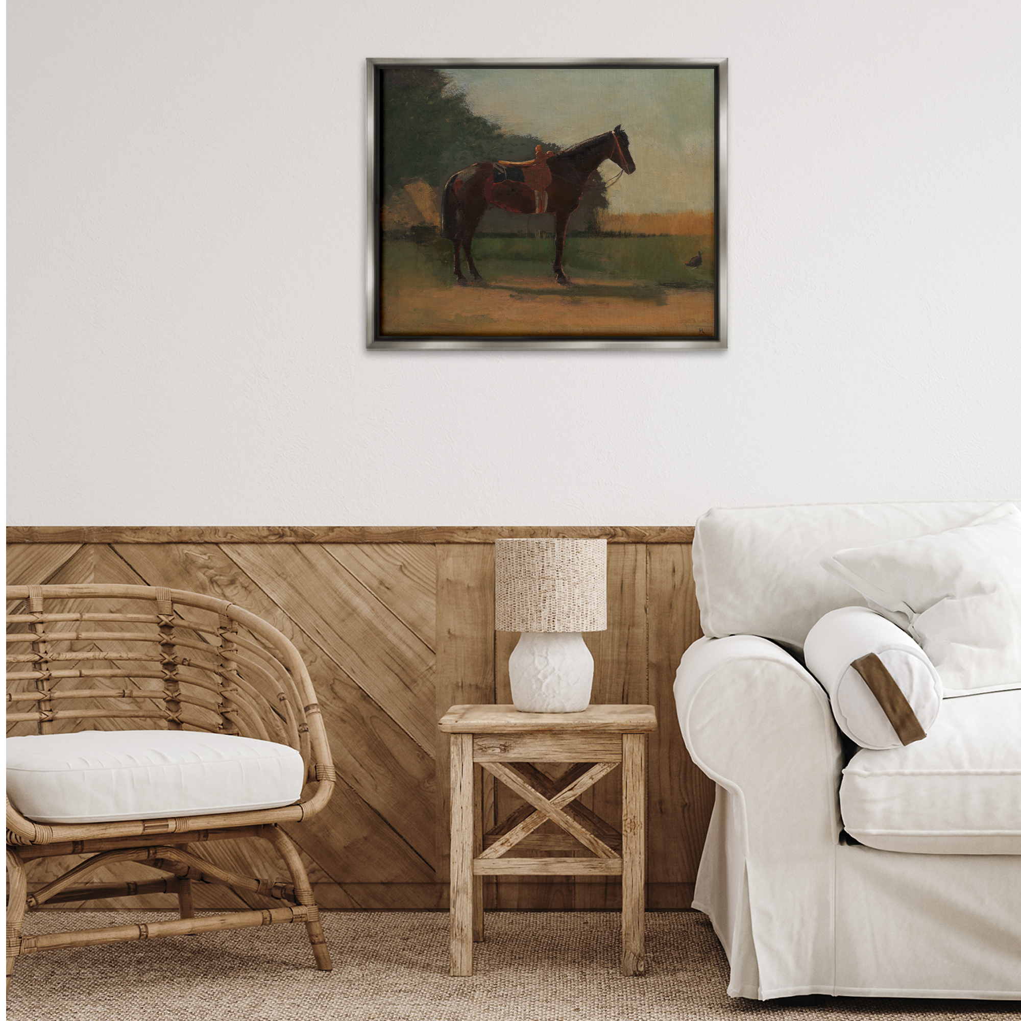 Stupell Industries Racing Horse with Saddle Animals & Insects Painting Gray Floater Framed Canvas Art Print Wall Art, 31 x 25