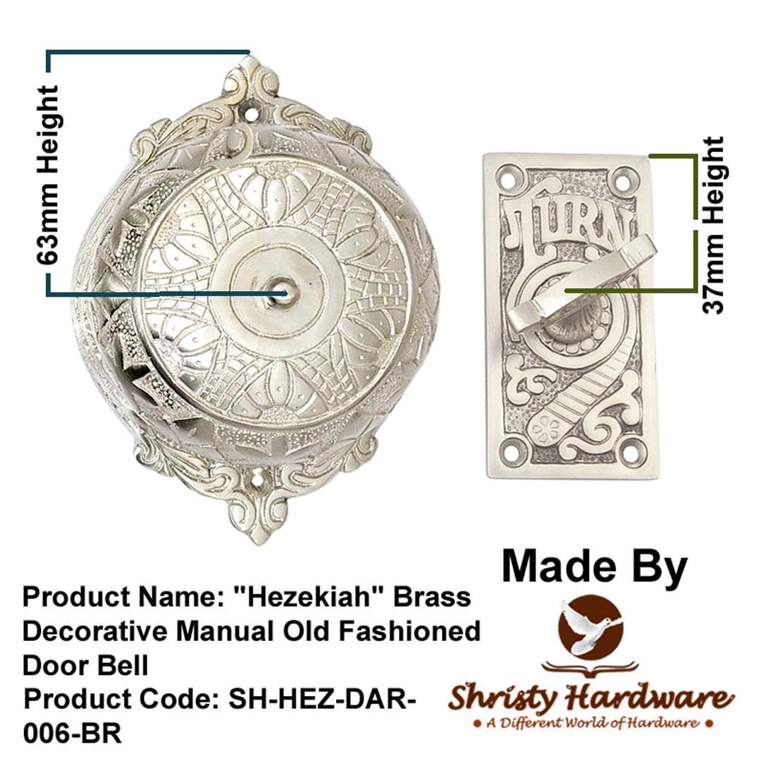 Shristy Hardware "Hezekiah" Brass Manual Old Fashioned Door Bell – Vintage Twist Bell with Key Plate – Mechanical Doorbell for Home – (Pack of Satin Nickel Finish) PT-2