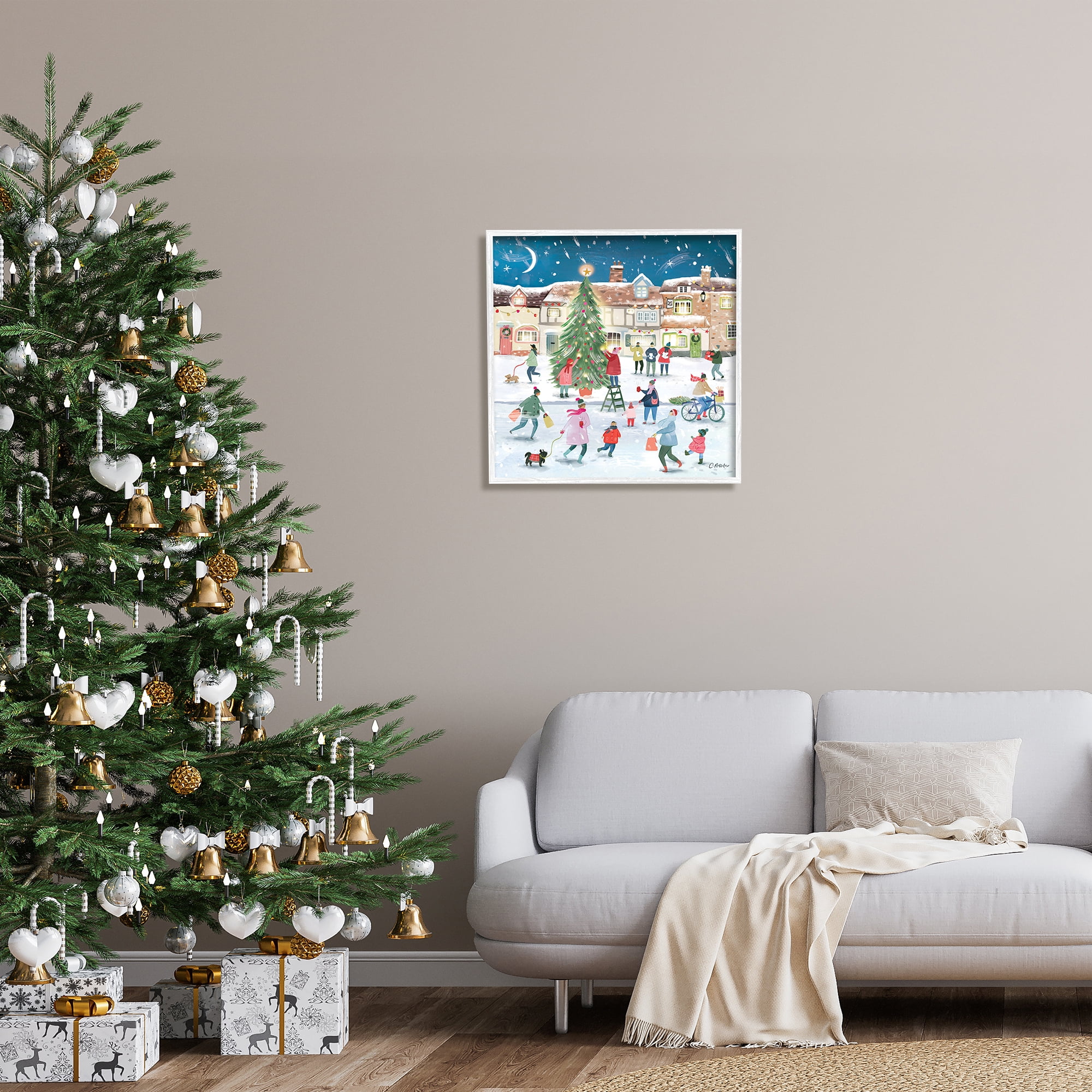Stupell Industries Christmas Tree Town Scene Holiday Painting White Framed Art Print Wall Art