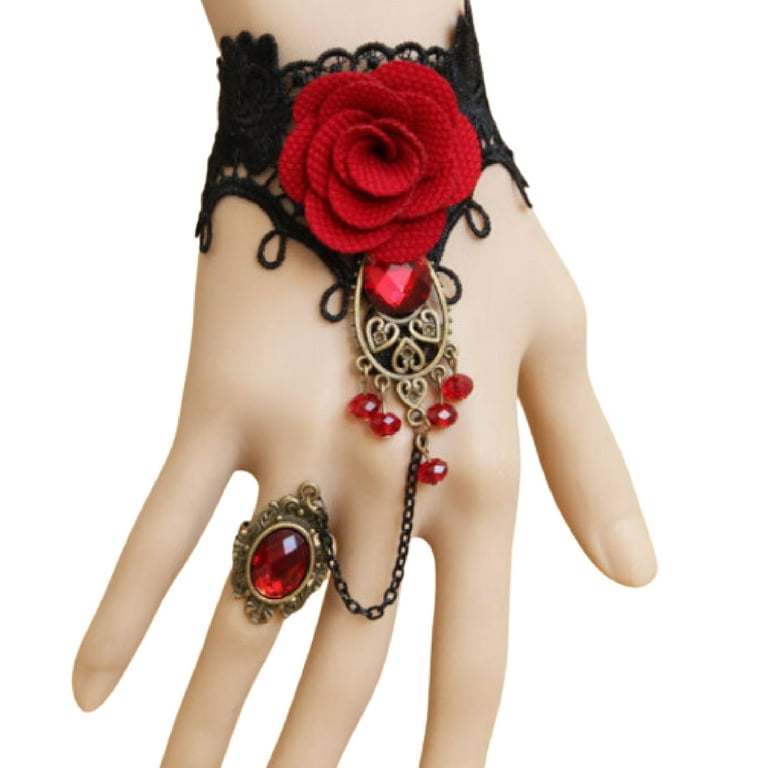 Grandest Birch Rose Decor Black Lace Ring Bracelet Women Faux Gem