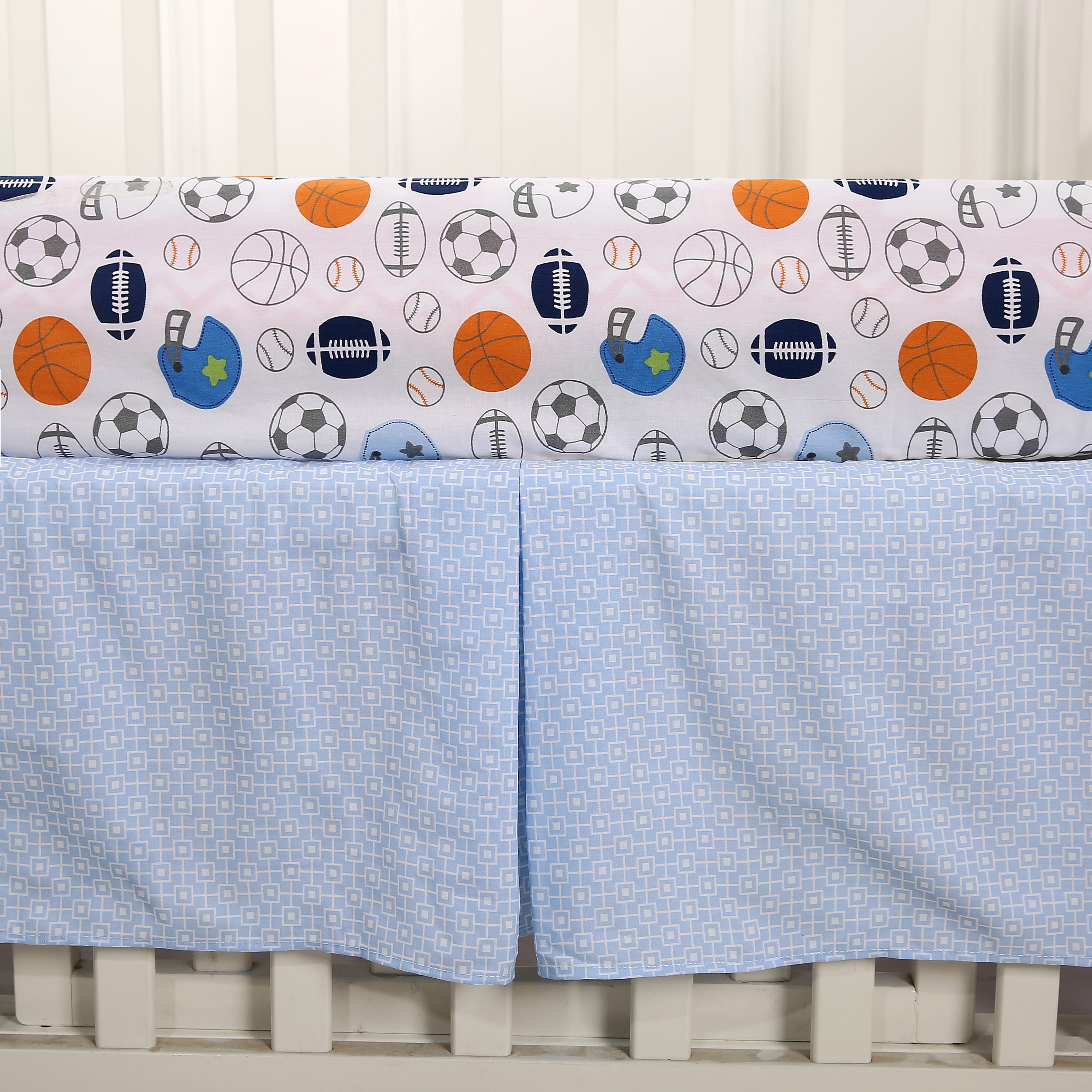 Sweet Baba 100% Cotton  MVP 3PC Crib Bedding Set, Blue Crib Set for Baby Boys with Crib Sheet/Crib Skirt/Quilt/Diaper Bag