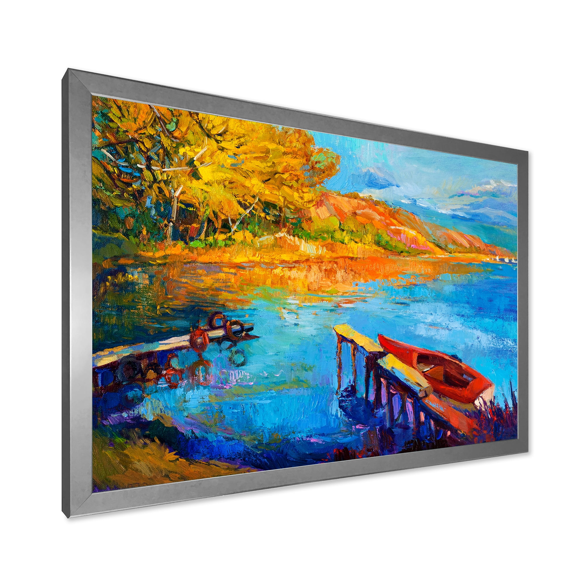 Designart 'The Lake At Sunset Evening Glow II' Lake House Framed Art Print