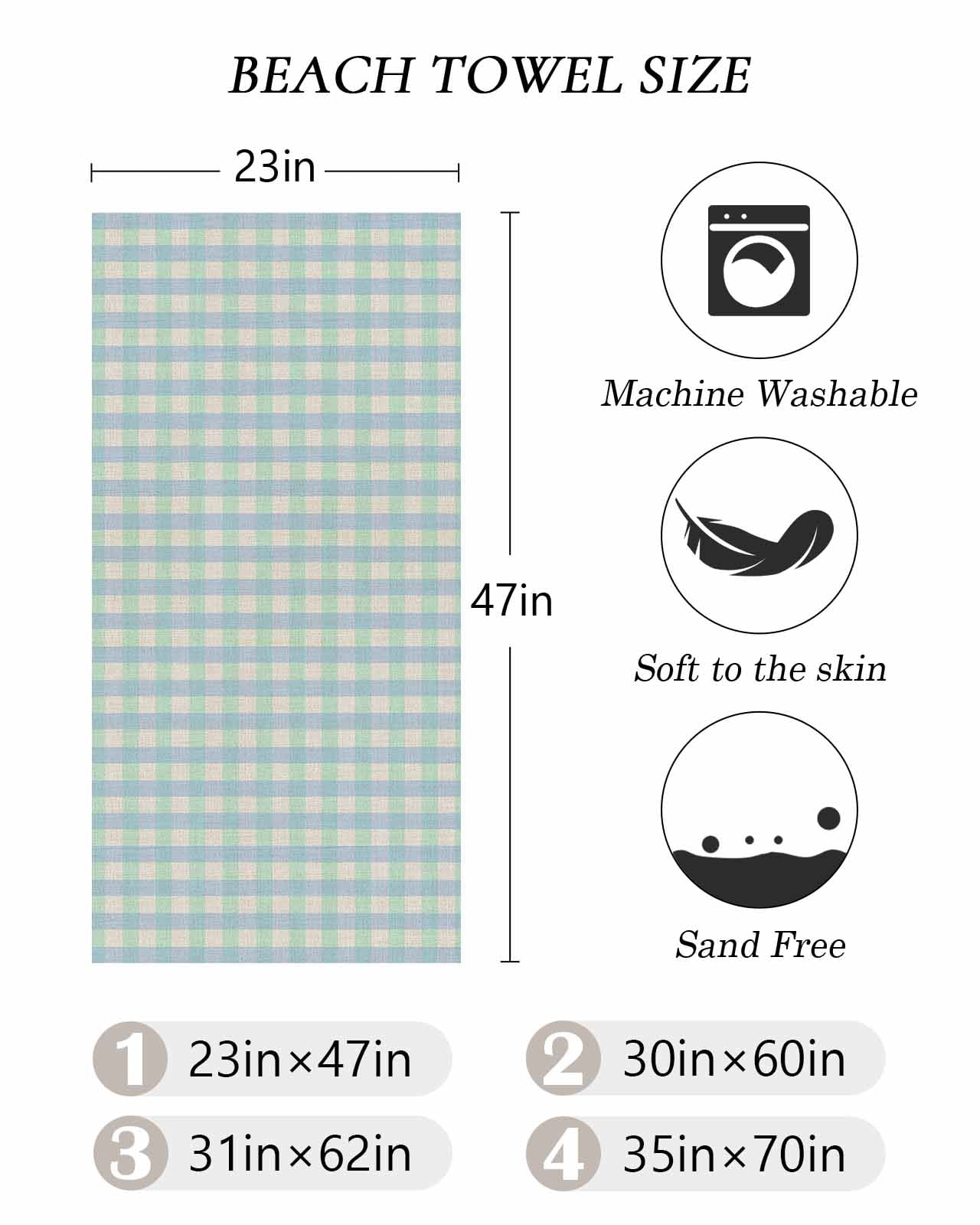 Blue Green Beach Towels Oversized Super Absorbent, Grid Checkered Plaid Gingham Lattice Trellis Lightweight Bath Towel Quick Dry Sets For Bathroom/Pool/Rv Camping/Beach Play/Gym Room/Picnic 31"x62"
