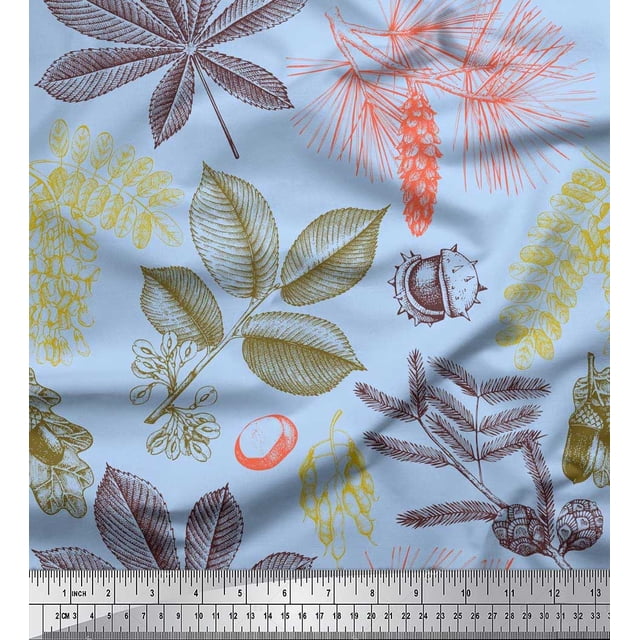 Soimoi Poly Georgette Fabric Spruce & Chestnut Leaves Fabric Prints By Yard 52 Inch Wide