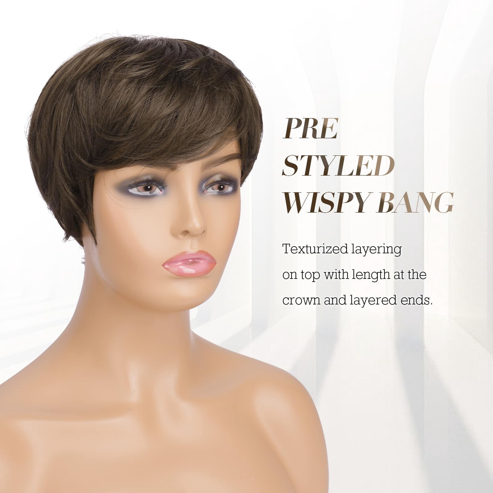Layered Pixie Cut Wigs Synthetic Short Ombre Gray Wavy Grey to Black Glueless Wig for Women with Bangs