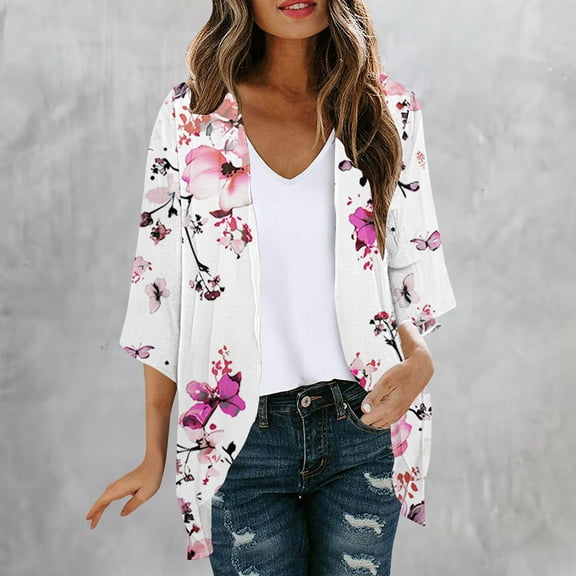 Odbmxy Cardigans for Women 3/4 Sleeve Summer Tops Women Open Front Cover up Beach Relaxed Fit Floral Leisure Cardigans,5XL