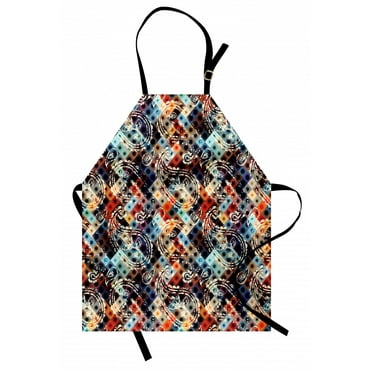 Modern Apron Geometric Retro Design Background with Paisley Figures Spots like Artwork Print, Unisex Kitchen Bib Apron with Adjustable Neck for Cooking Baking Gardening, Multicolor, by Ambesonne