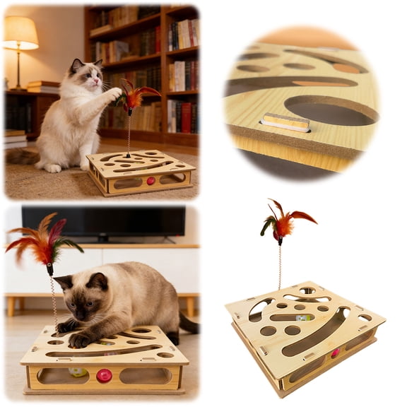 Cat Nail File Cat Scratch Puzzle Enrichment With Feather Teaser, Stress Relief Alternative To Trimmers & Grinders For Cats That Hate Nail Trimming(Beige-28X28Cm)