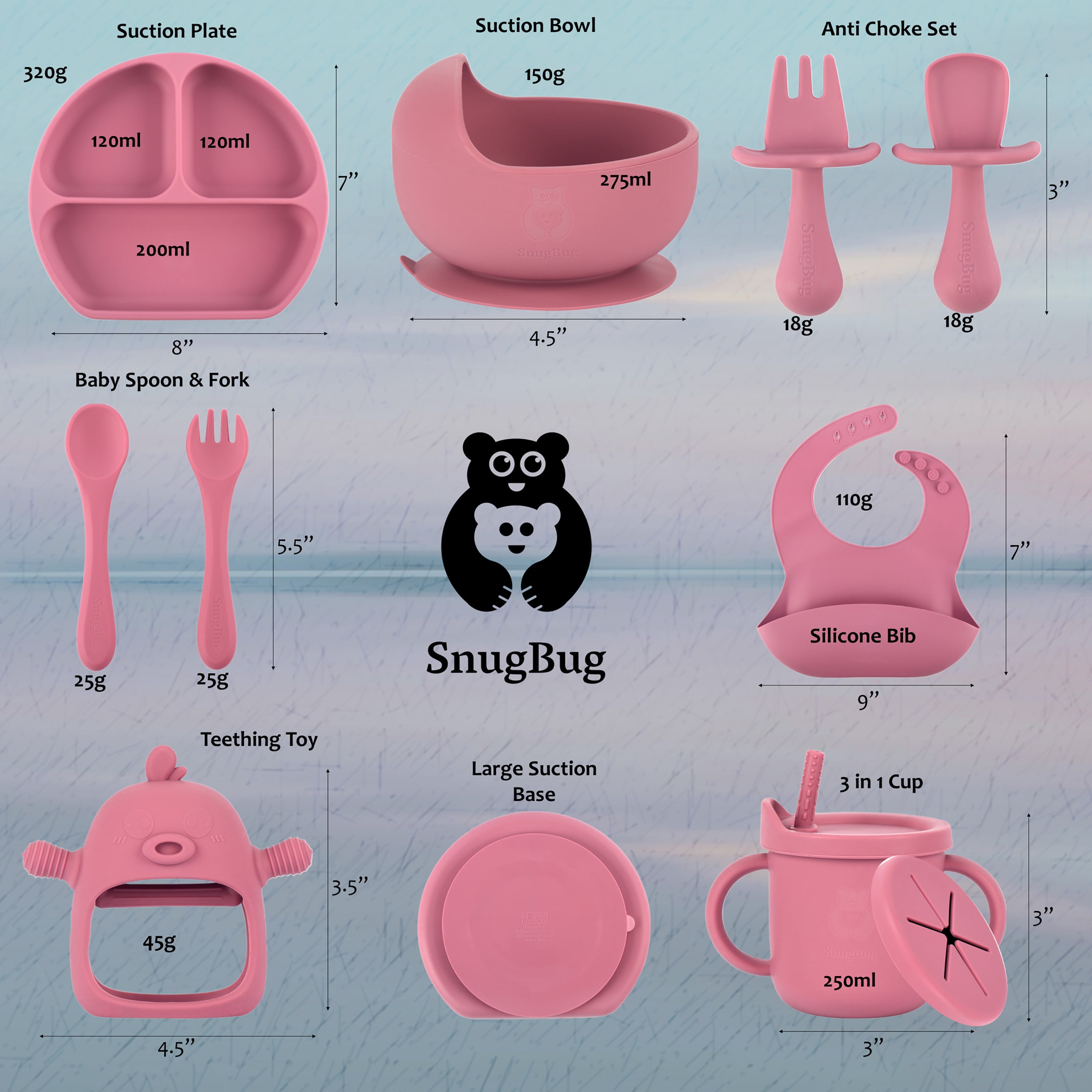 SnugBug 12-Piece Silicone Baby Bib Set with Sippy Cup, Plates, Bowl and Teething Toy