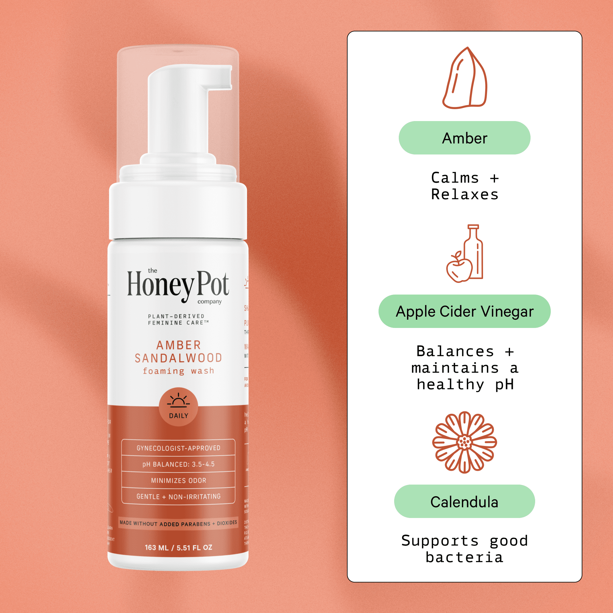 The Honey Pot Company, Amber Sandalwood Feminine Foaming Wash, 5.51 fl. oz.