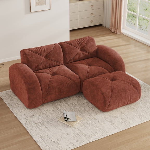 Aukfa Velvet Tufted Modular Sectional Sofa, 80" L-Shaped Boneless Couch with Ottoman for Living Room, Red