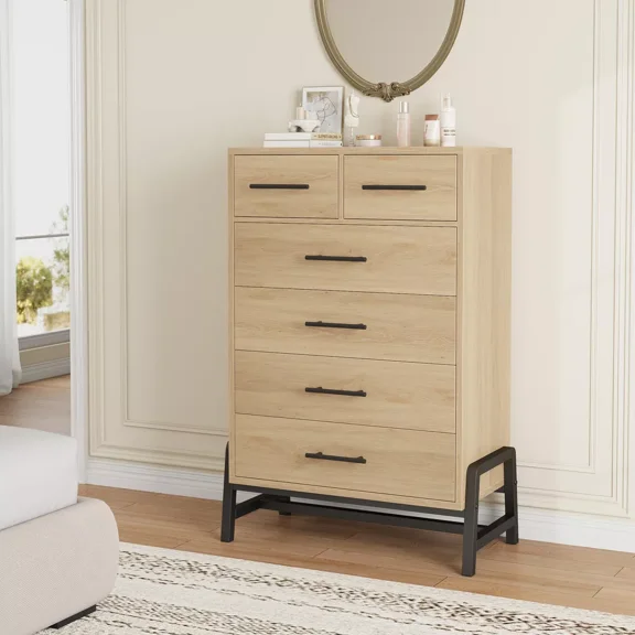 Natural Oak 6 Drawer High Dresser - Freestanding High Drawer Dresser with Storage, Wooden Storage Cabinet