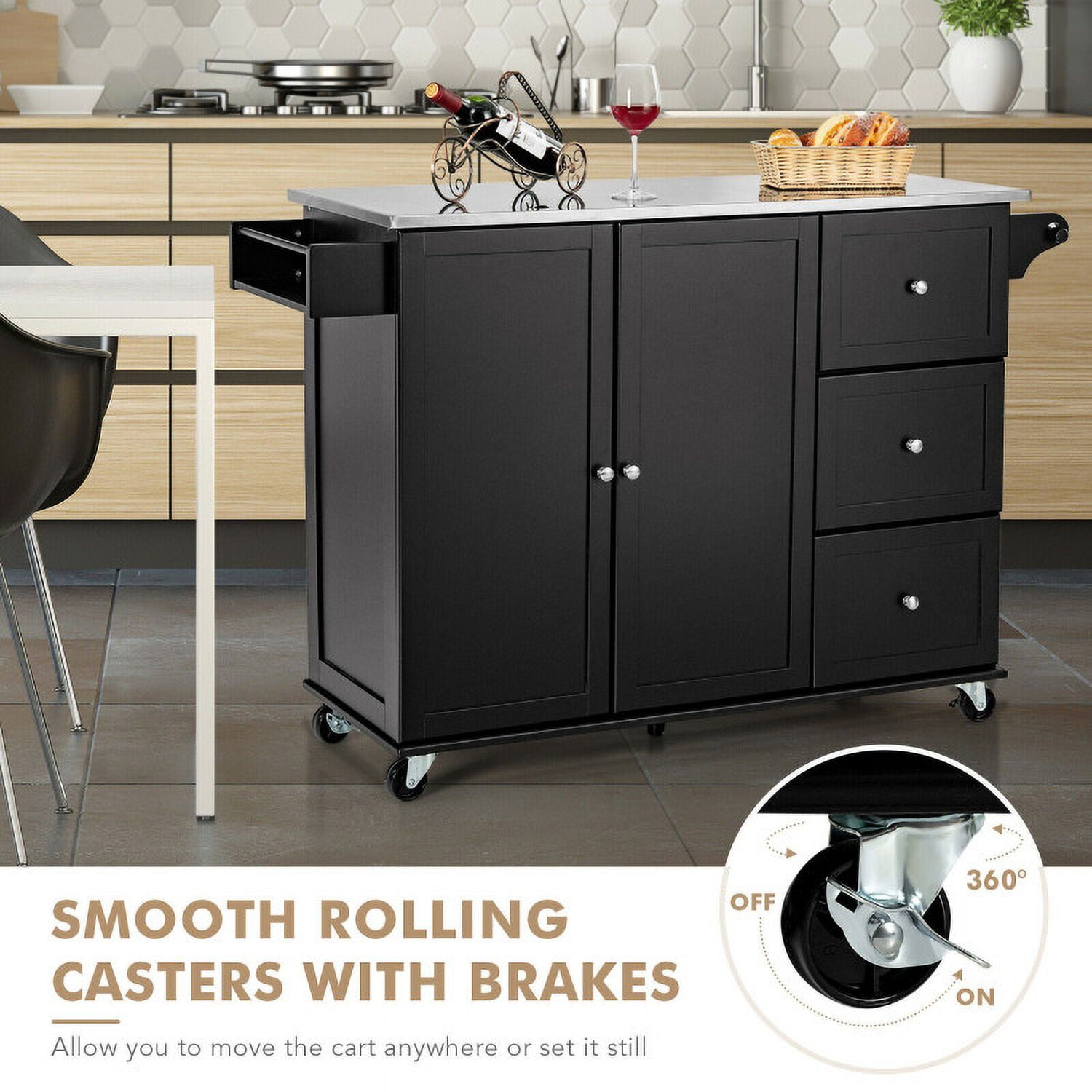 Finihen Rolling Storage Cabinet Cart, Kitchen Island Cart, Kitchen Island 2-Door Storage Cabinet with Drawers and Stainless Steel Top, for Kitchen, Dining Room, Black Finihen Rolling Storage Cabinet Cart, Kitchen Island Cart, Kitchen Island 2-Door Storage Cabinet with Drawers and Stainless Steel Top, for Kitchen, Dining Room, Black