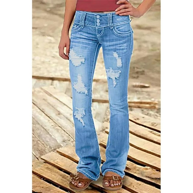 Jeans Baggy Déchirés Taille Basse pour Femmes Coupe Ample Jambe Grand Style Coréen Rétro Polyester
