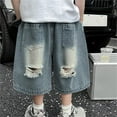 thumbnail image 3 of Boys Wide Leg Ripped Jeans Summer Casual Denim Jeans Cropped Pants Loose Tween Trousers with Pocket Blue,7 Years, 3 of 6