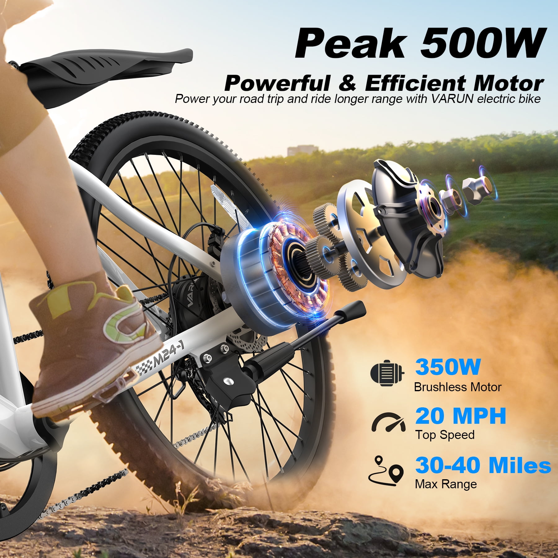 VARUN 24" Electric Bike for Adults, 350W Motor, 20MPH, 36V Removable Battery, Up to 50 Miles Range, 7-Speed, Front Suspension & Dual Disc Brakes, All-Terrain Tires, UL Certified