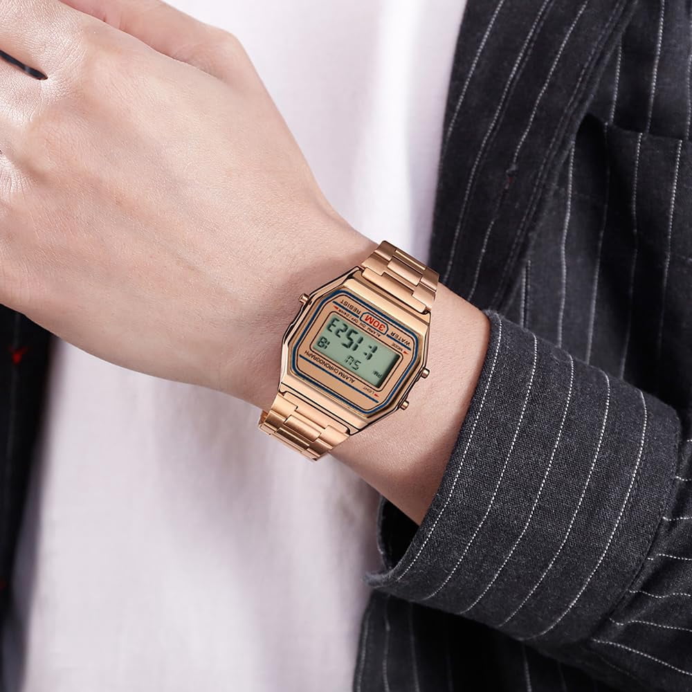 Classic Women's Digital Multifunction Sports Watch Stainless Steel Band Square Waterproof Electronic Led Watch