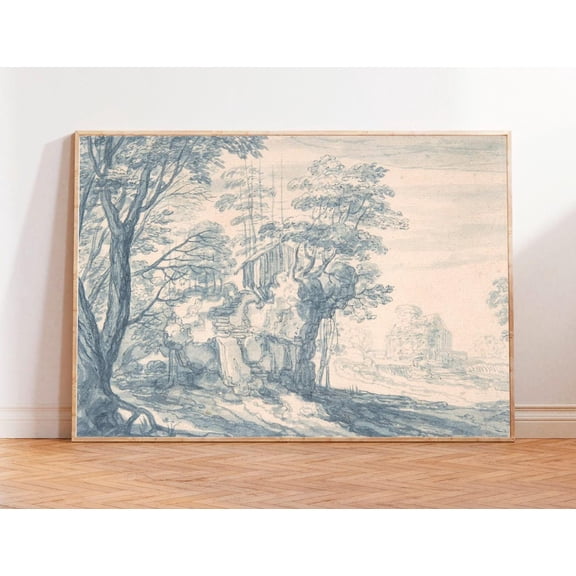 Blue Willow Landscape Poster: Vintage Chinoiserie Wall Art, Unframed Poster Size 8x12