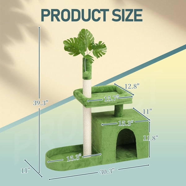 36in Cat Tree with Leaves, Multi-level Cat Tower with Cat Scratching Post, Cozy Cat Condo, Padded Beds, Dangling Ball for Kittens and Indoor Cats, Green