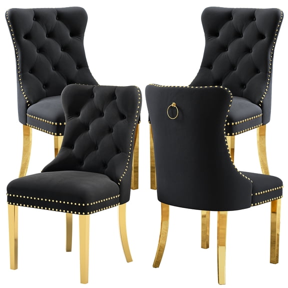 Velvet Dining Chairs Set of 4, Upholstered Tufted Dining Chairs with Stainless Steel Legs & Pull Ring for Dining Room, Living Room