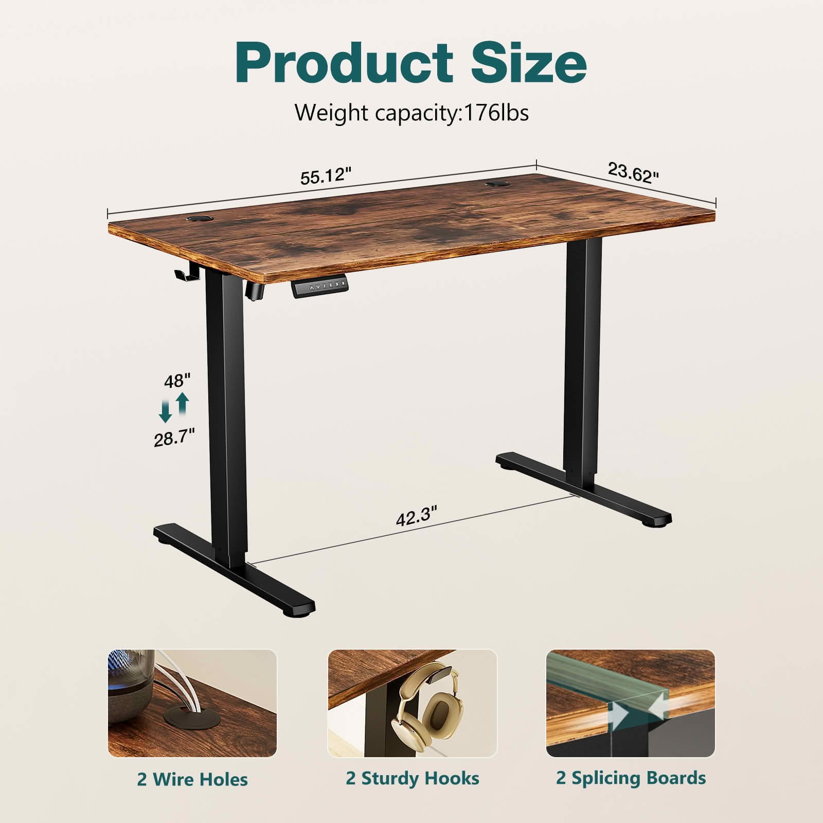 MAYEERTY 55x24 Ergonomic Height Adjustable Desk, T-Shaped Metal Bracket, Computer Workstation, Rust