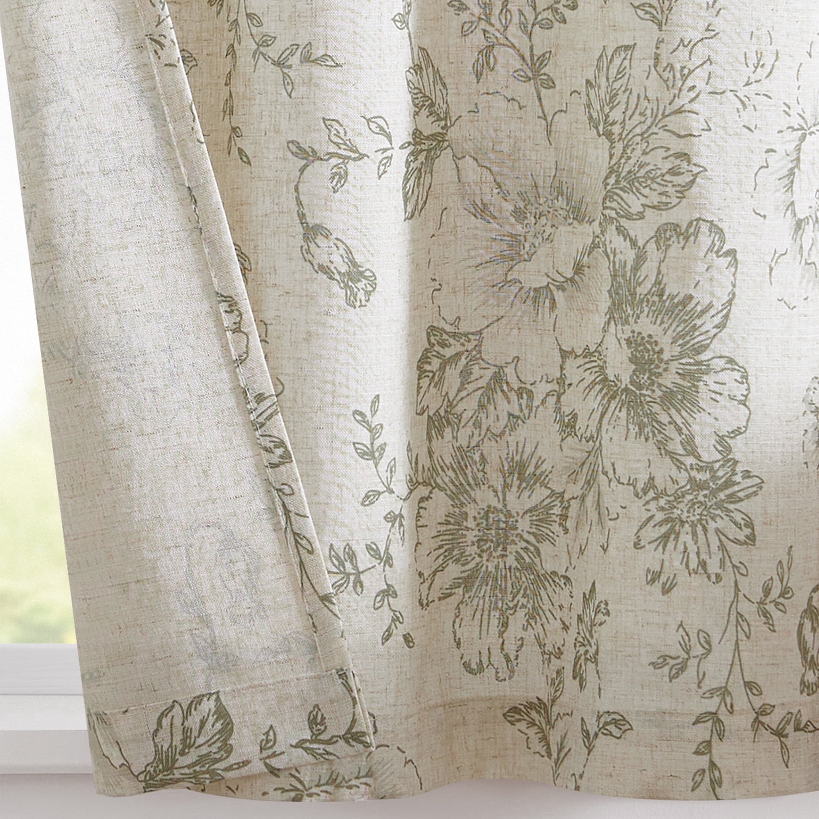 Curtainking Floral Kitchen Curtains Linen Cafe Curtains Sage Flower 26x36 inch Length Curtains for Living Room 2 Panels