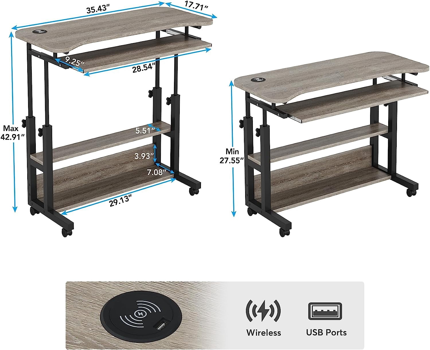 Tribesigns Portable Desk with Wireless Charging Station, Height Adjustable Side Table for Sofa Couch Bed Grey